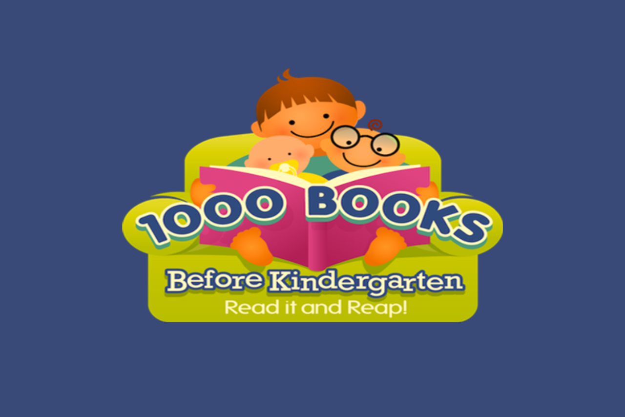 1,000 Books Before Kindergarten logo of parent reading to children on green chair