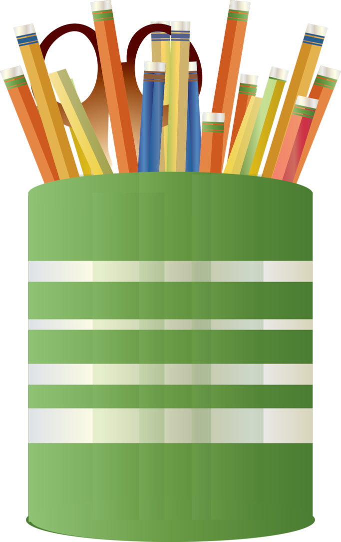 Green striped can full of pencils and scissors